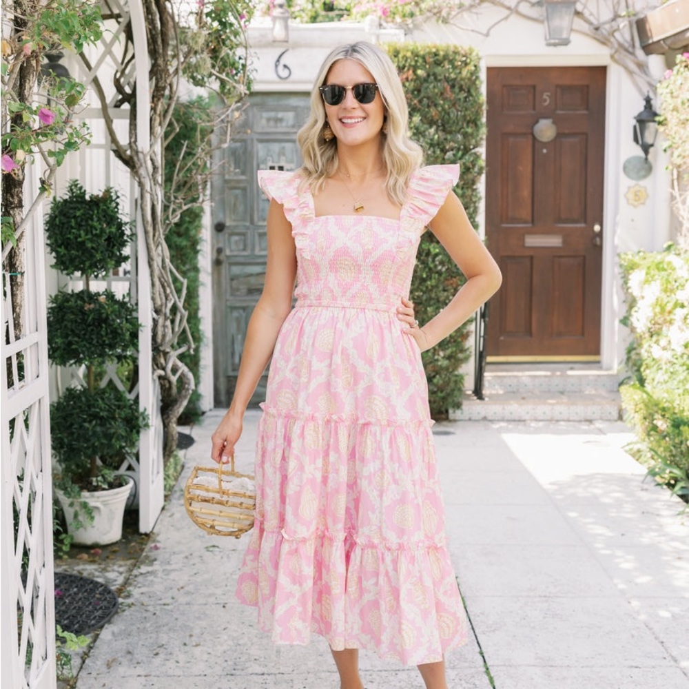 Sail to Sable Flutter Sleeve Smocked Midi Dress Chinoiserie Print - SOLD OUT